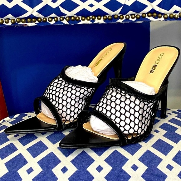 Black pointed fashion nova fishnet high heel mule sandals sz 10 - Picture 7 of 9